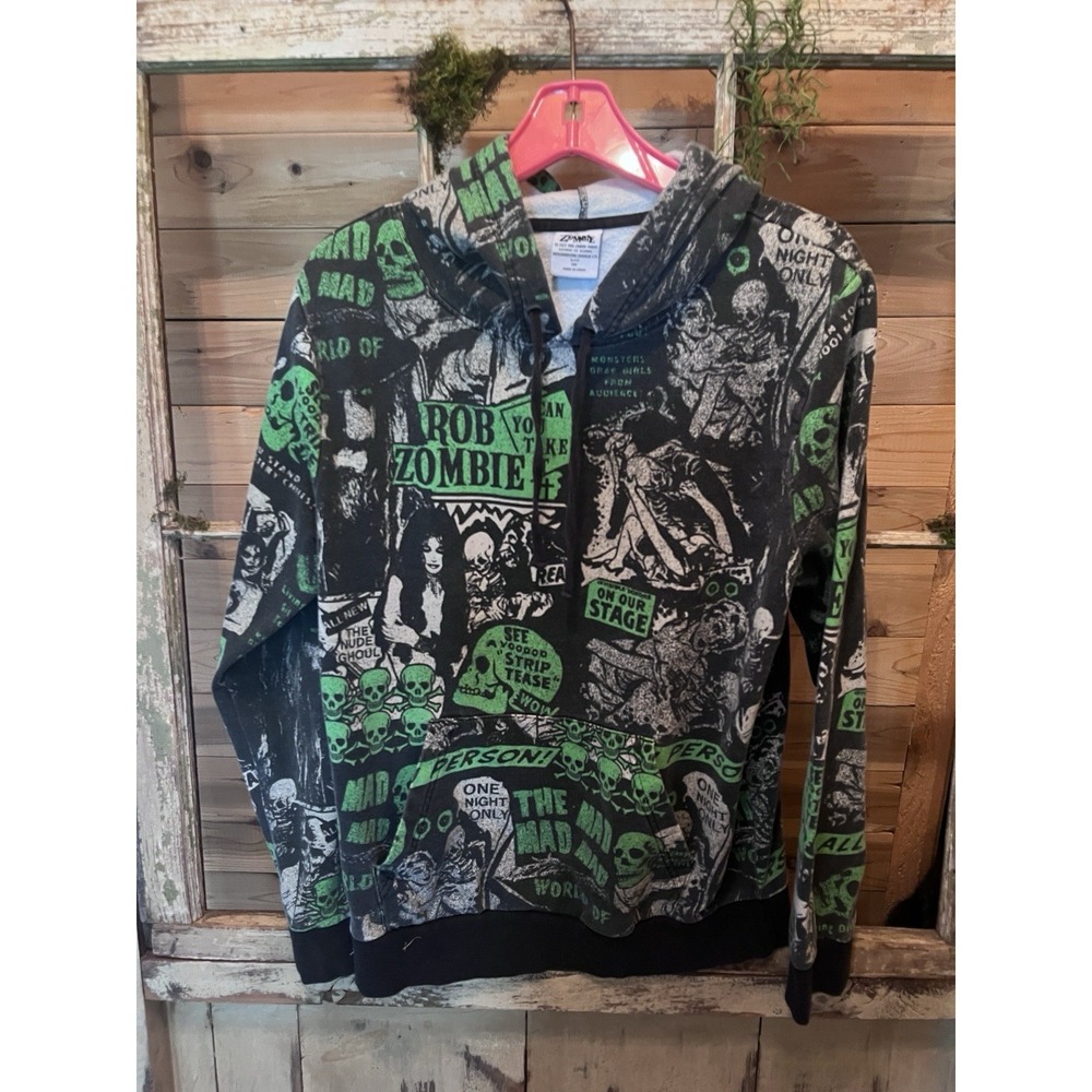 Rob Zombie Hoodie Mens Small 2022 All Over Print Green Black Skull Horror Metal